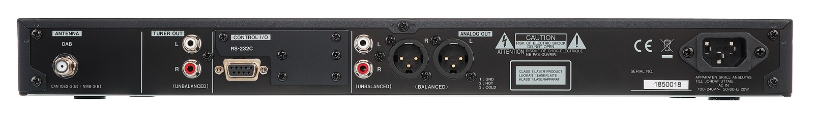 Vista trasera de las conexiones de la Tascam CD-400U DAB Reproductor de CD/SD/USB con receptor de radio y Bluetooth