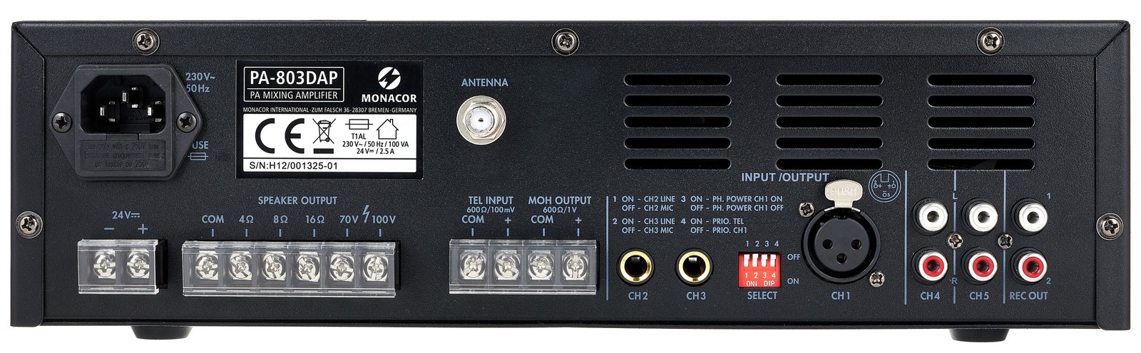 Rückseite des Monacor PA-803DAP mit Anschlüssen