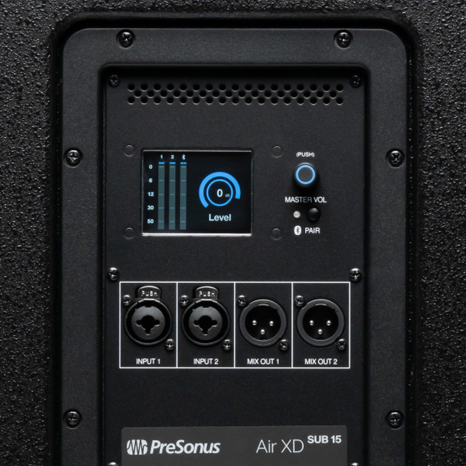 Rückseite des Presonus Air XD Sub 15 mit Anschlüssen und Bedienelementen