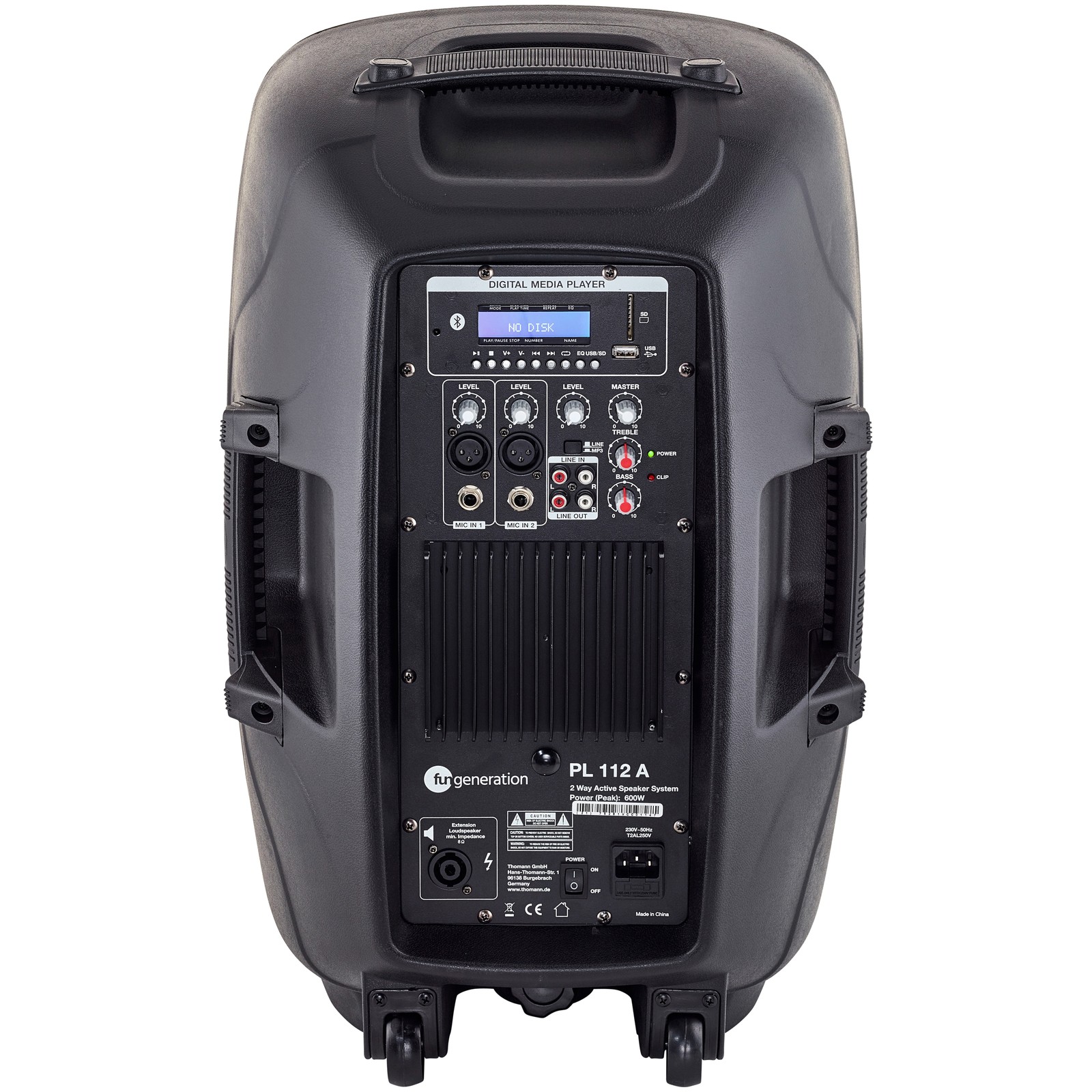 Rückseite mit Anschlüssen und Reglern der Fun Generation PL 112 A 2-Wege-Box