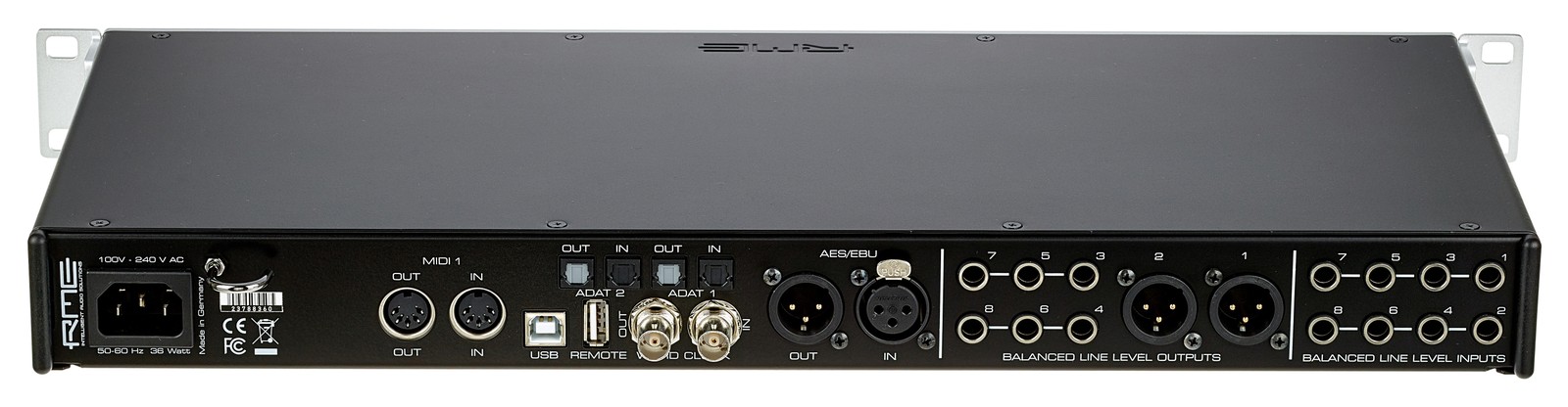 Rückansicht mit Anschlüssen des RME Fireface UFX II 60-Kanal USB Audiointerface