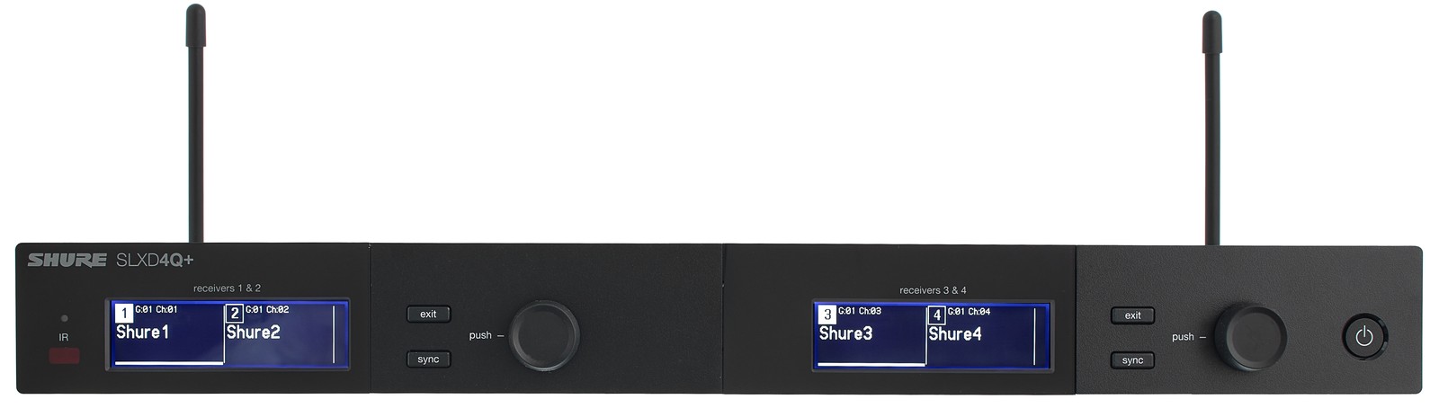 Vorderansicht des Shure SLXD4Q+E S50 Vierkanal-Empfängers