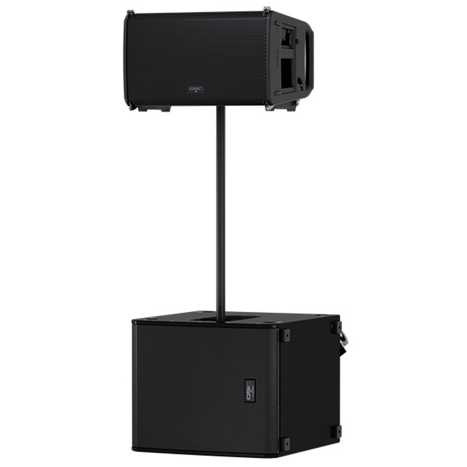 Pole array consisting of QSC 118 woofer and LA112 speaker