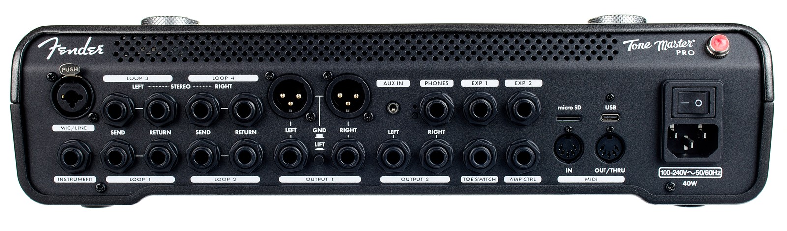 Rückseite des Fender Tone Master Pro Multieffektpedals mit Anschlüssen