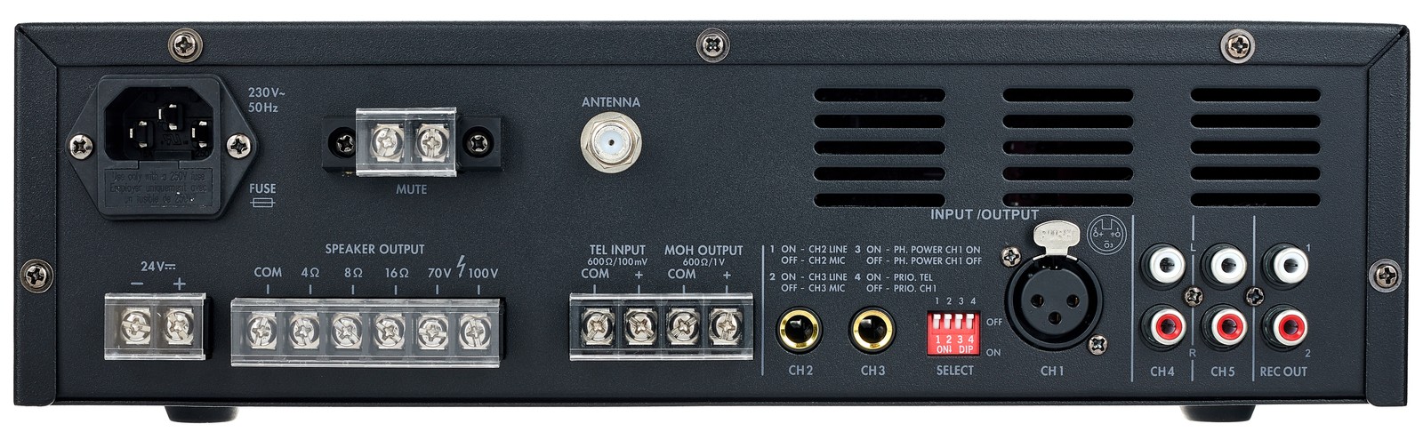 Rückseite des Monacor PA-806DAP mit Anschlüssen