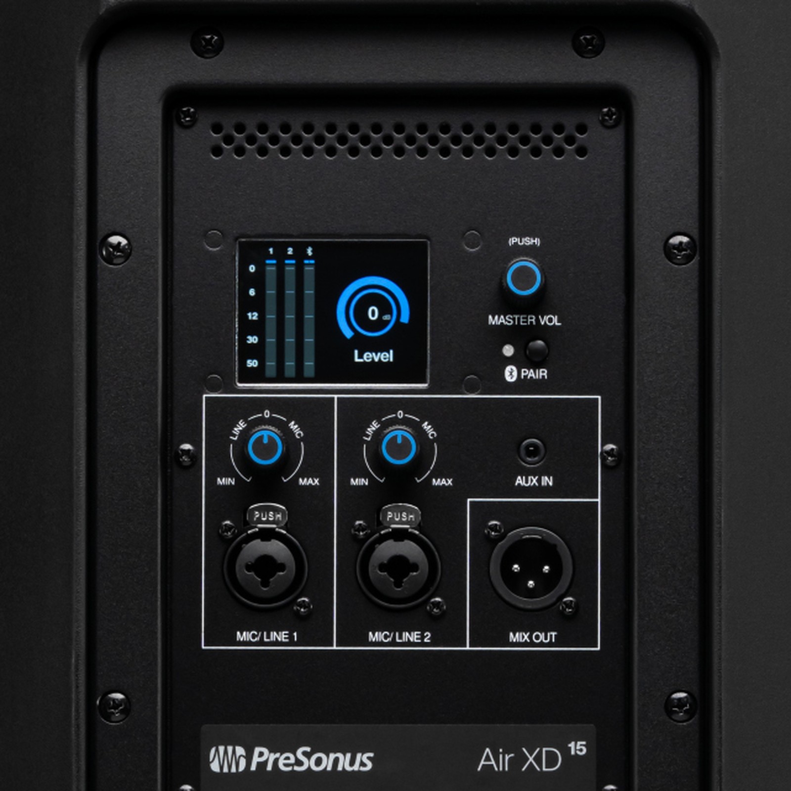 Rückseite des Presonus Air XD 15 mit Anschlüssen und Bedienelementen