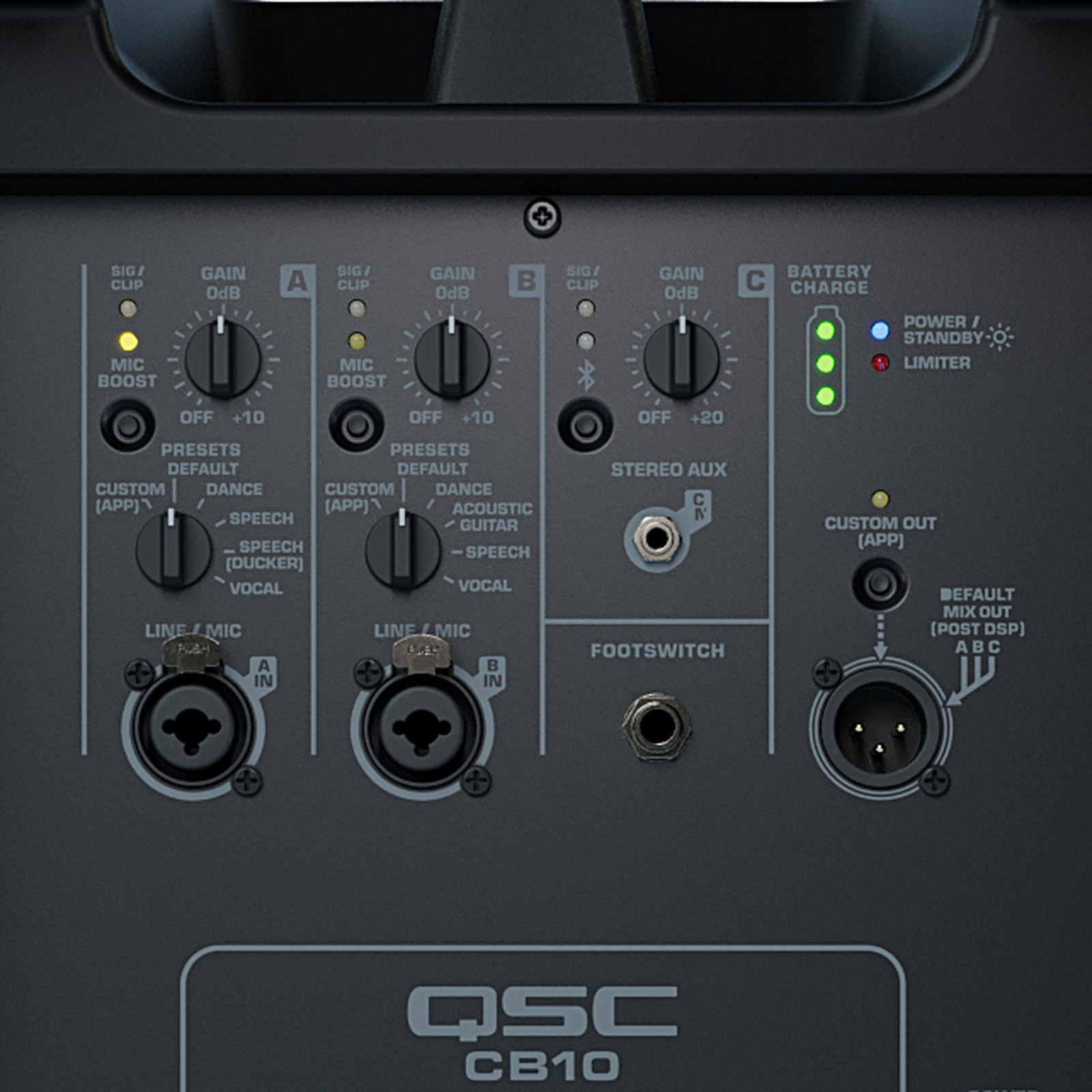 Controls on the QSC CB10, battery-powered Bluetooth speaker