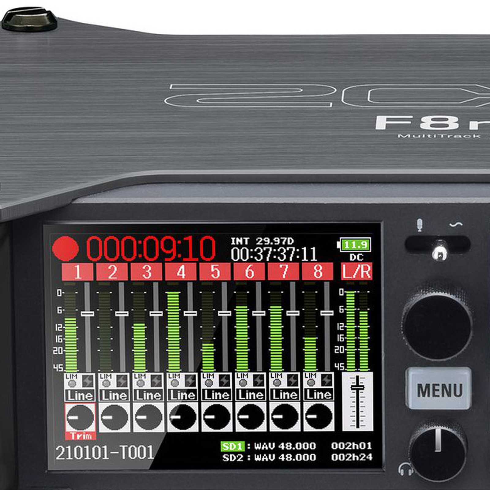 Zoom F8n 8-channel Field Recorder Display