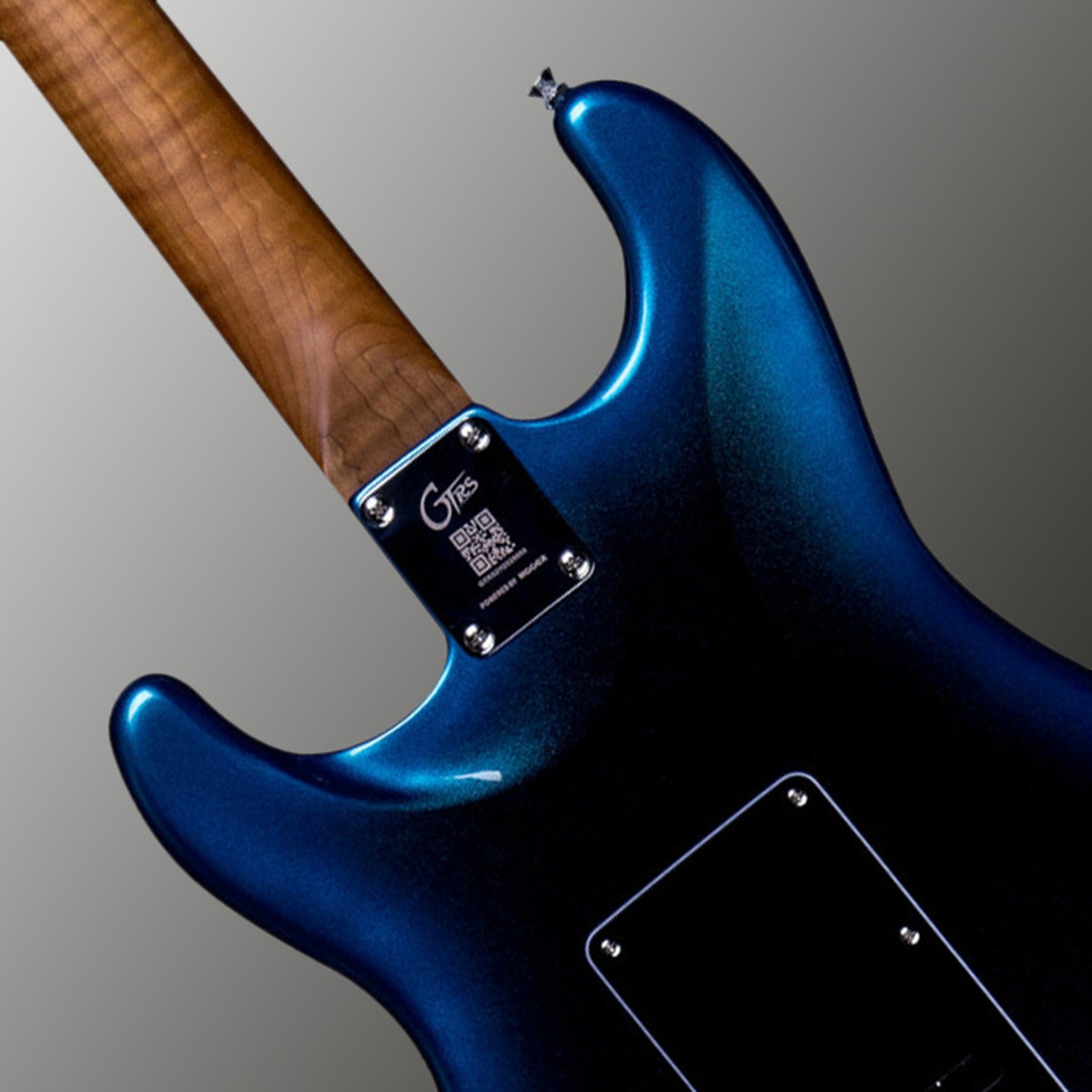 Rear view of the bolt-on neck of the Mooer GTRS Guitar Professional 801 electric guitar in Dark Night