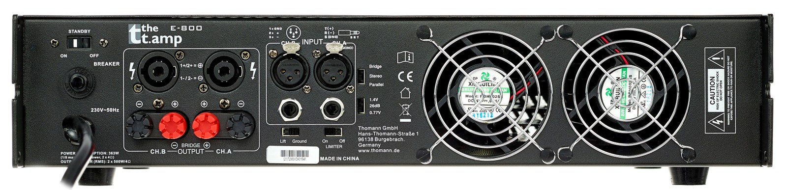 Back view with connections on the the t.amp E-800 Stereo Power Amplifier