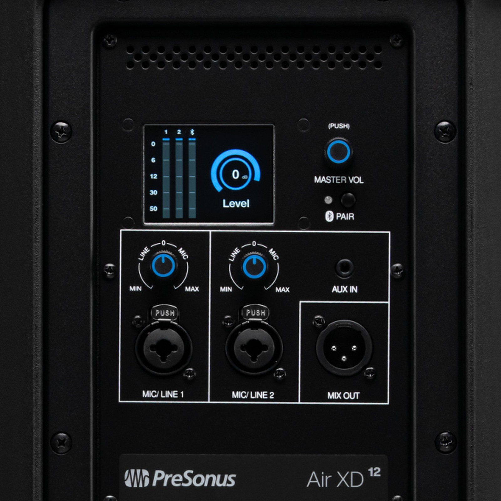 Rückseite des Presonus Air XD 12 mit Anschlüssen und Bedienelementen