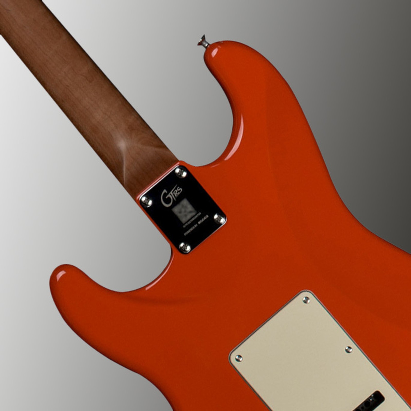 Bolt-on neck on the Mooer GTRS Guitar Profess. 801 Fiesta Red, rear view