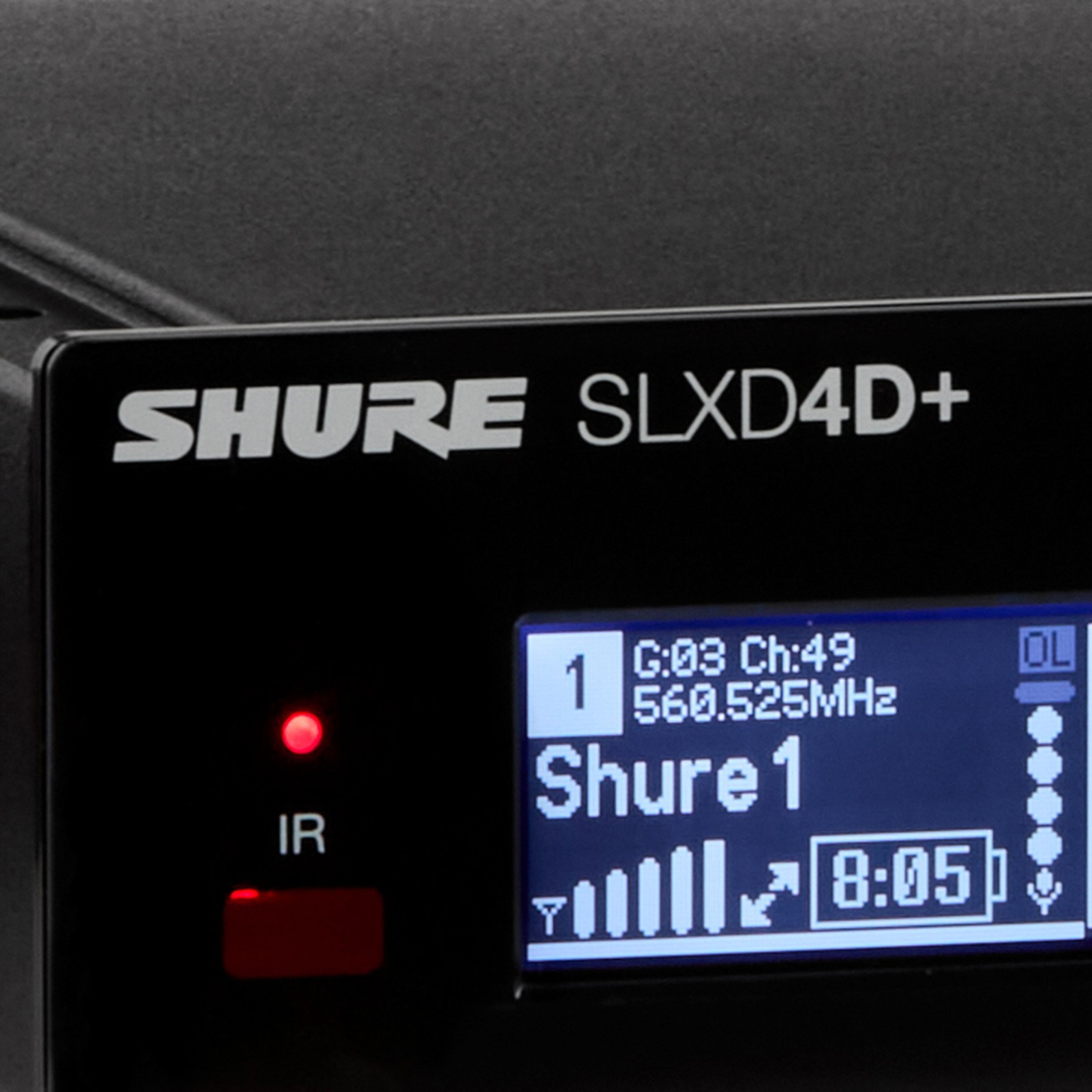 Display des Shure SLXD4D+E G65 Wireless-Empfängers