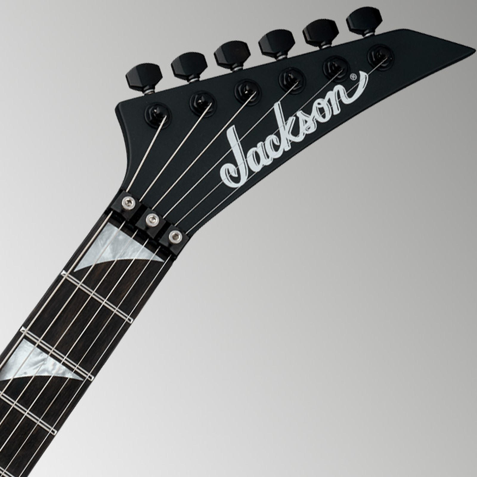 Schwarze Kopfplatte der Jackson American SRS Soloist SL2 FR SB mit Floyd Rose Klemmsattel