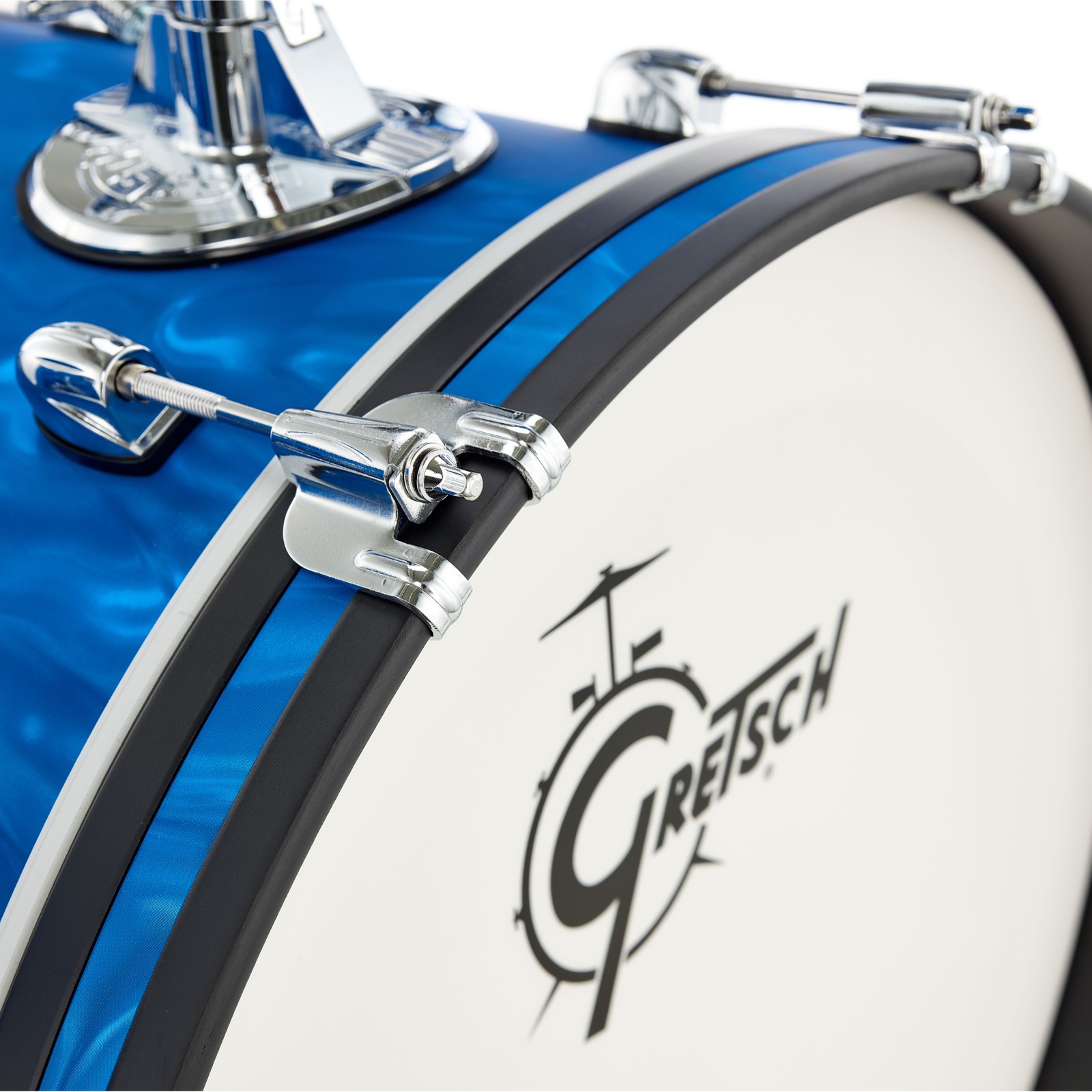 White bass drum resonant head with Gretsch logo