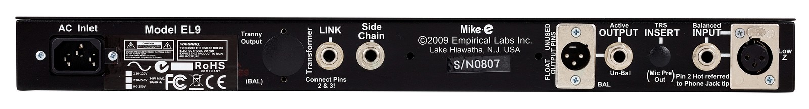 Empirical Labs EL9 Mike-e Vorverstärker, Rückseite mit Anschlüssen