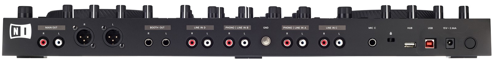 Face arrière du contrôleur DJ Native Instruments Traktor S4 MK3 avec connecteurs