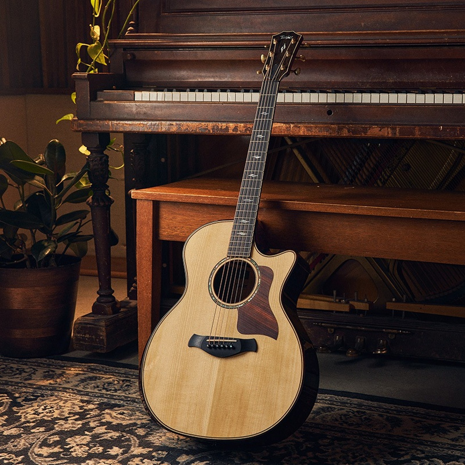 Taylor Builder’s Edition 814ce acoustic guitar, leaning against a piano