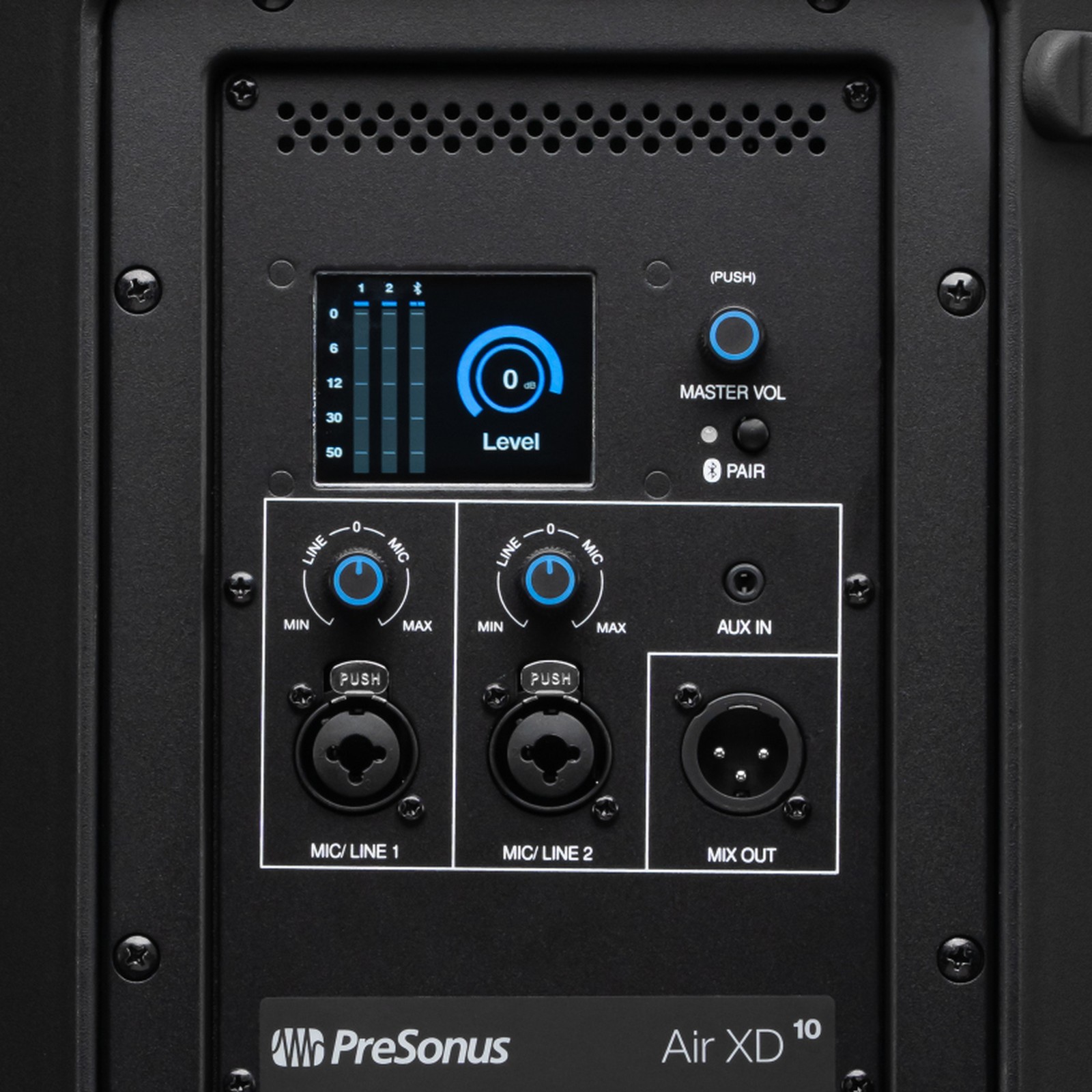Rückseite des Presonus Air XD 10 mit Anschlüssen und Bedienelementen