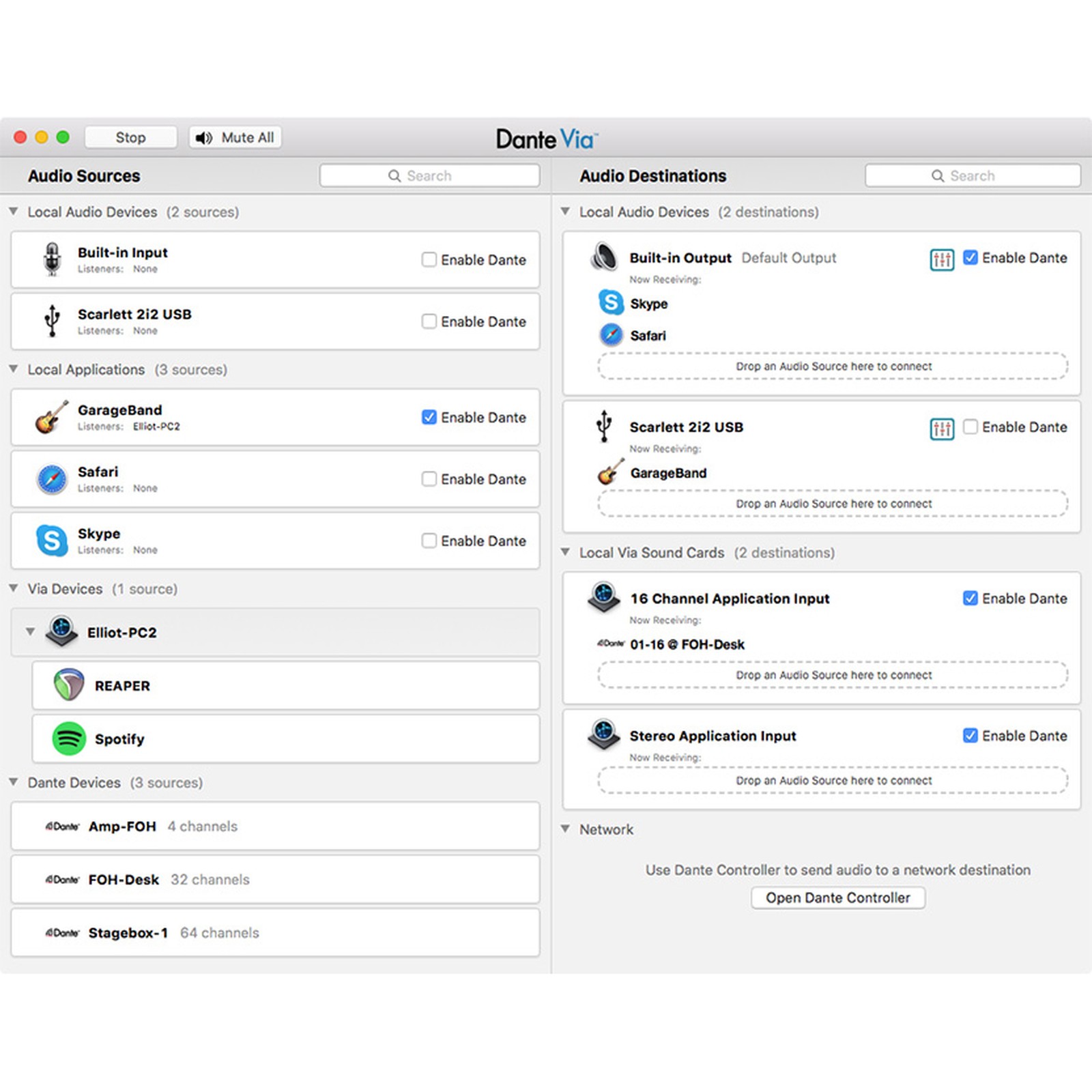 Dante Via Main Screen OSX