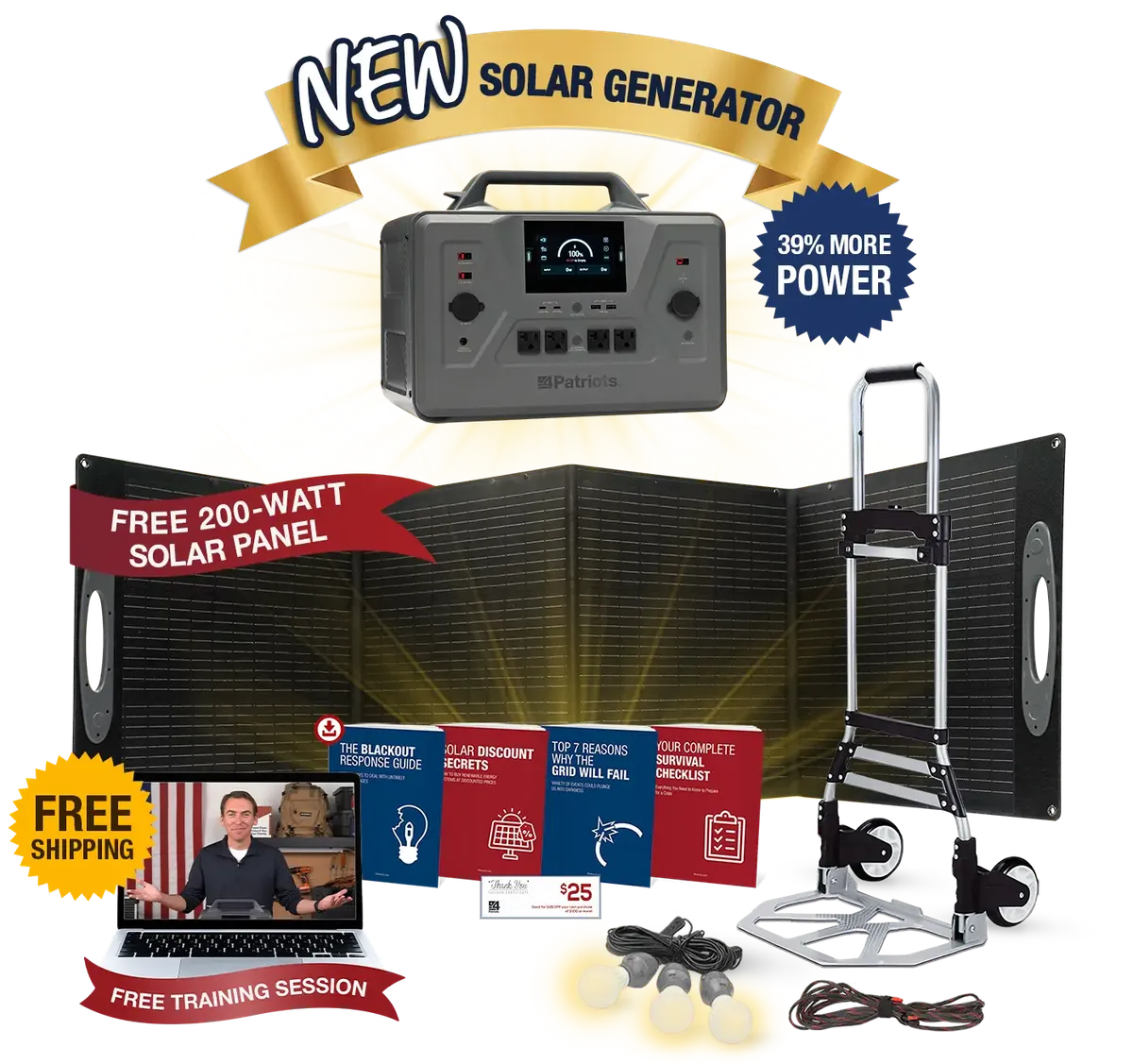 Complete Patriot Power Generator 2200X package: generator, 200W solar panel, cart, LED string, and all free bonus items
