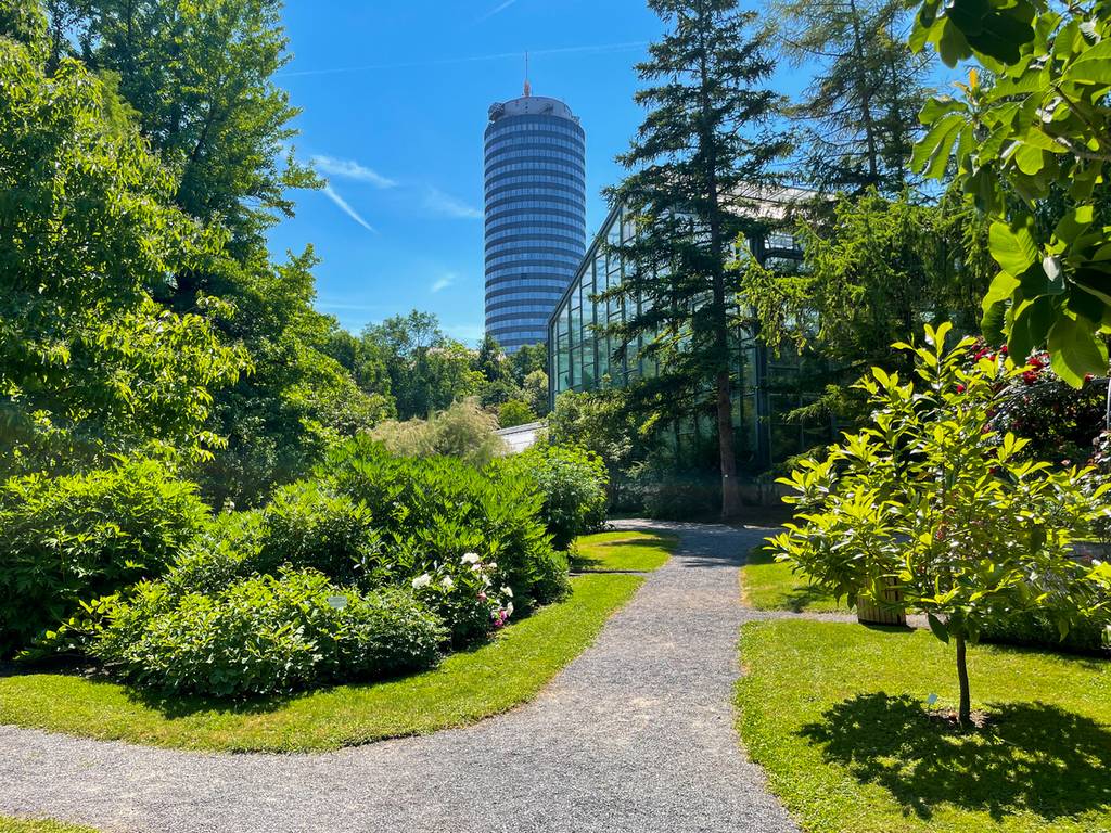 „Ein üppiger Garten mit einem Kiesweg, umgeben von Bäumen und Pflanzen, der zu einem hohen zylindrischen Gebäude unter klarem, blauem Himmel führt
