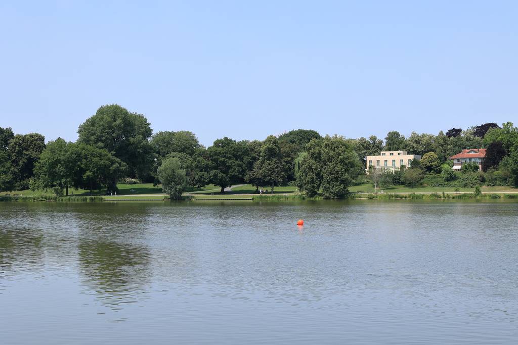 Ruhiger See mit einem fernen, von Bäumen gesäumten Ufer, einer roten Boje im Wasser und einigen sichtbaren Gebäuden unter klarem, blauem Himmel
