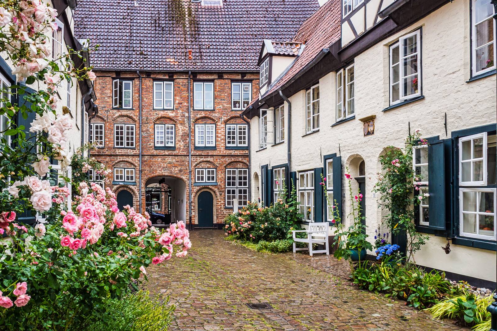 „Charmante Kopfsteinpflastergasse mit blühenden Rosen, gesäumt von malerischen, historischen Backstein- und Putzgebäuden mit grünen Fensterläden und einer Holzbank