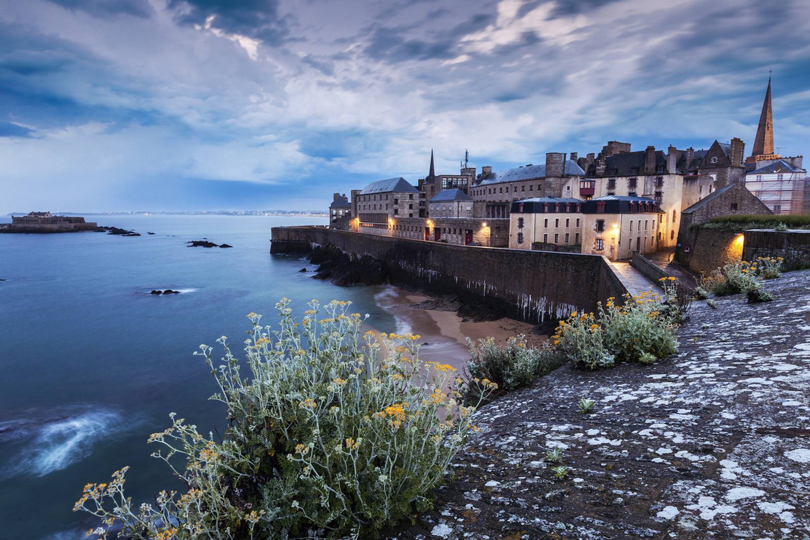 Coastal view of Saint Malo with stone buildings and a church spire, bordered by a calm sea and cloudy sky, with wildflowers in the foreground.