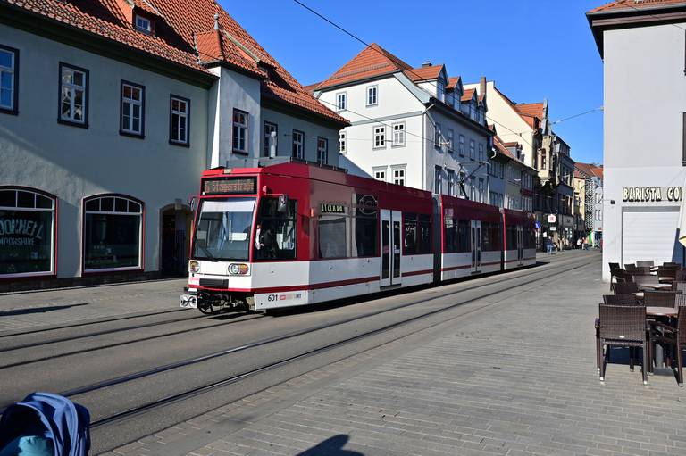 Rot-weiße Straßenbahn fährt auf einer von historischen Gebäuden gesäumten Straße unter klarem blauen Himmel