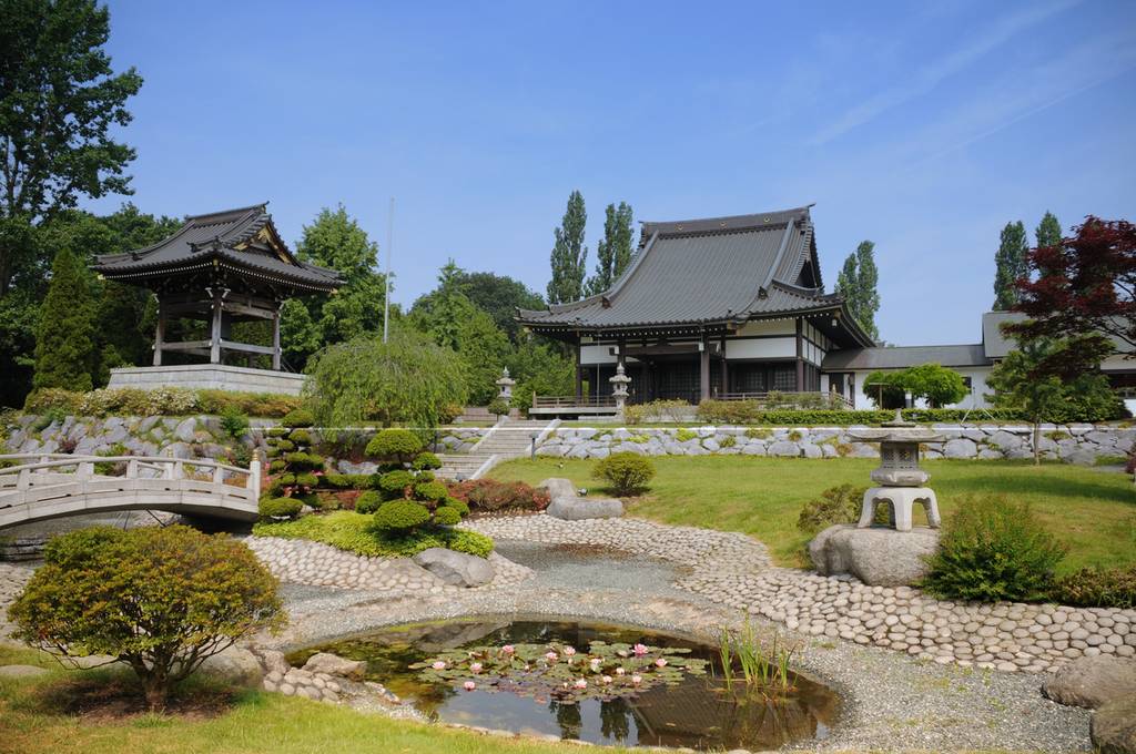 Japanischer Garten mit einem Teich, Steinlaternen, einer Holzbrücke und traditionellen Gebäuden, umgeben von üppigem Grün unter klarem blauen Himmel
