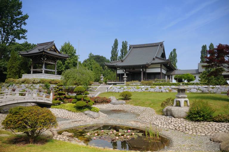 Japanischer Garten mit einem Teich, Steinlaternen, einer Holzbrücke und traditionellen Gebäuden, umgeben von üppigem Grün unter klarem blauen Himmel