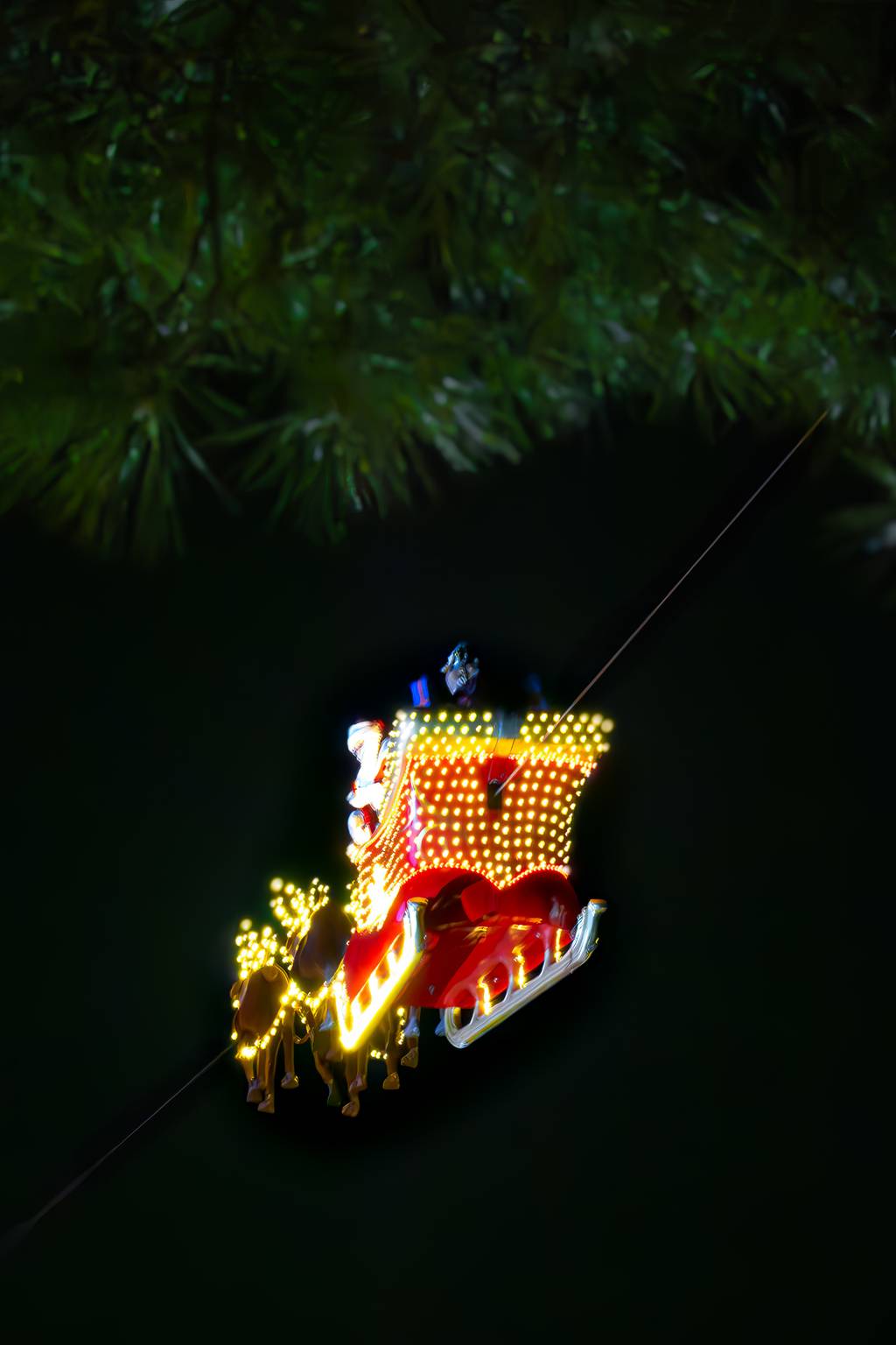 Beleuchteter Weihnachtsmannschlitten mit Rentieren, der vor einem dunklen Himmel schwebt, umgeben von grünen Tannenzweigen.