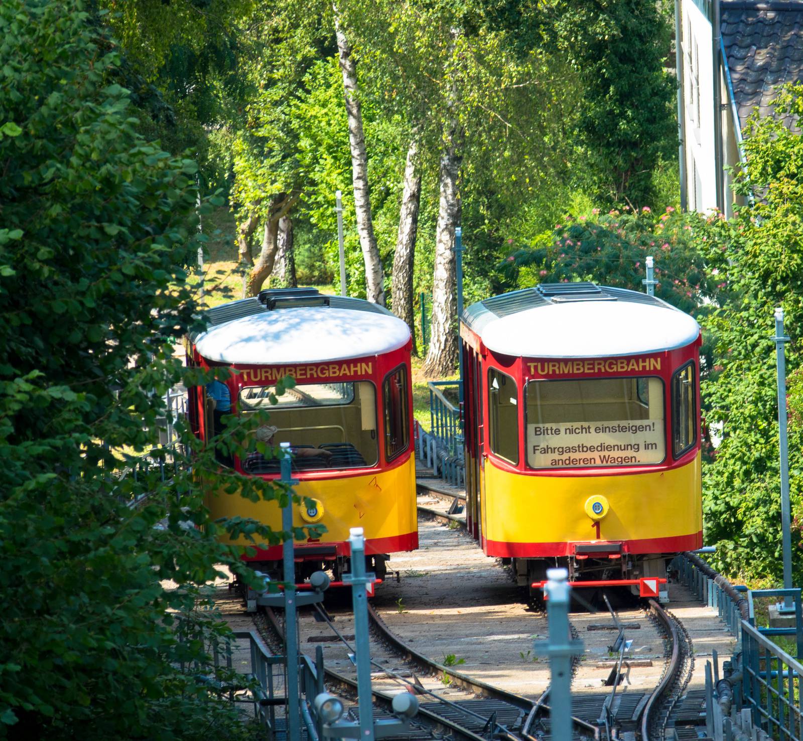 Zwei rot-gelbe Straßenbahnen auf parallelen Gleisen, umgeben von Grünflächen und Bäumen, mit einem teilweise sichtbaren Gebäude auf der rechten Seite