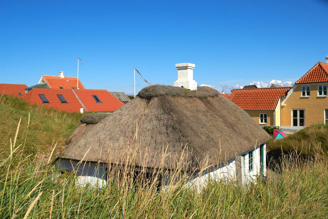 Ein kleines Häuschen mit Strohdach, umgeben von hohem Gras, mit anderen Häusern im Hintergrund unter einem klaren blauen Himmel.