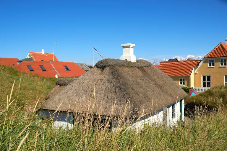 Ein kleines Häuschen mit Strohdach, umgeben von hohem Gras, mit anderen Häusern im Hintergrund unter einem klaren blauen Himmel.