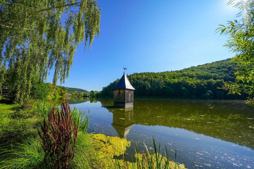 Malerischer Blick auf einen ruhigen Fluss mit einer kleinen Holzhütte, deren Spiegelbild sich im Wasser zeigt, umgeben von üppigem Grün unter klarem blauem Himmel.