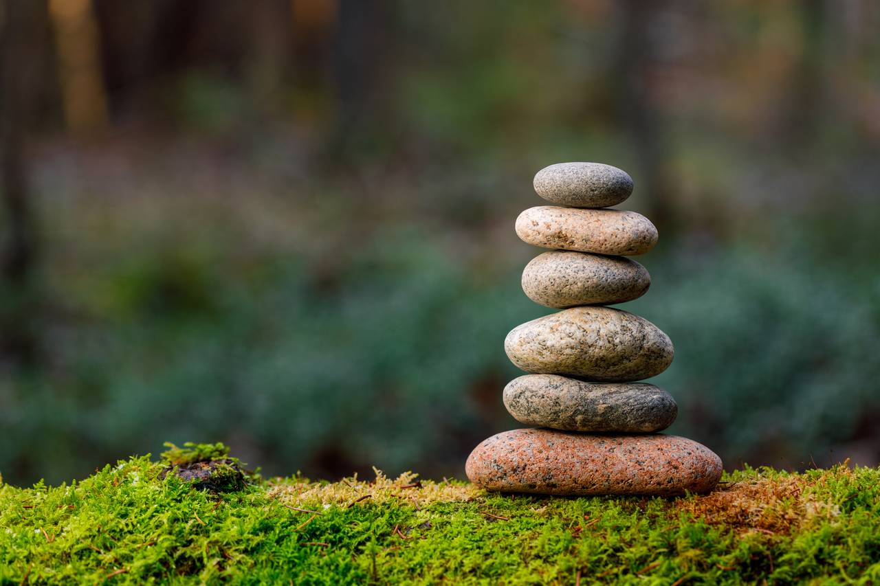 Five smooth stones stacked on a mossy surface against a blurred forest background.