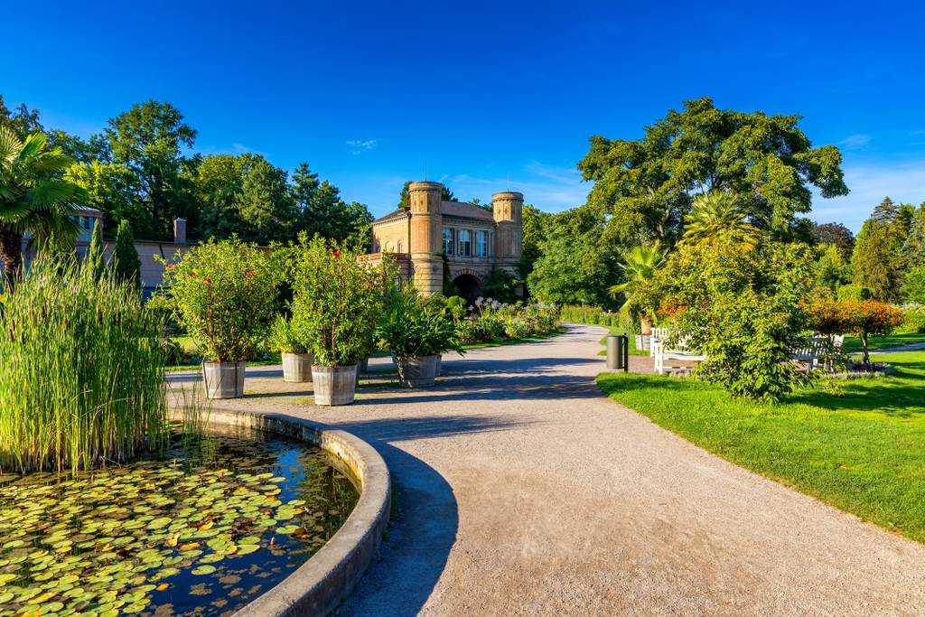 Ein malerischer Gartenweg schlängelt sich an einem Teich mit Seerosen vorbei und führt zu einem historischen Gebäude unter klarem blauen Himmel, umgeben von üppigem Grün.