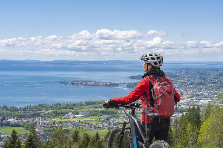 Radfahrerin die über den Bodensee blickt