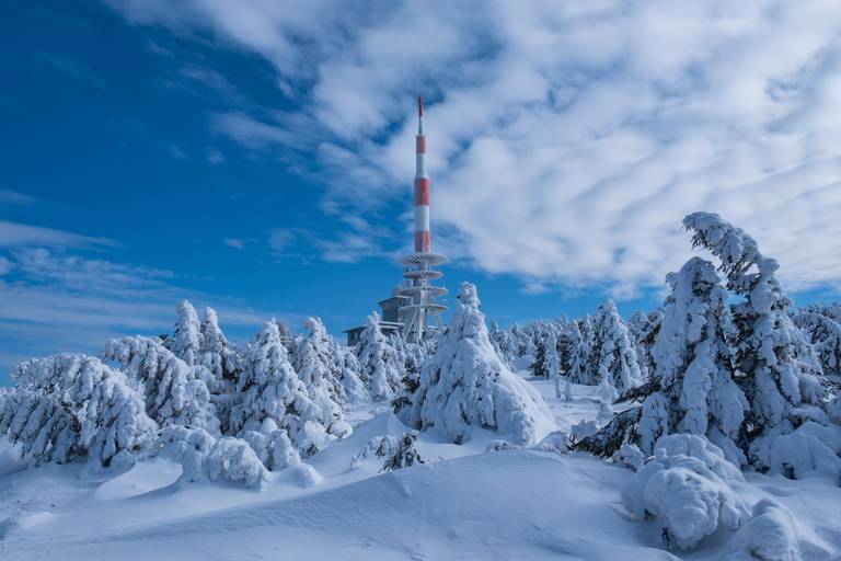 Schneebedeckte Tannen im Vordergrund, darüber erhebt sich ein rot-weißer Sendeturm unter einem blauen, von Wolken durchzogenen Himmel.