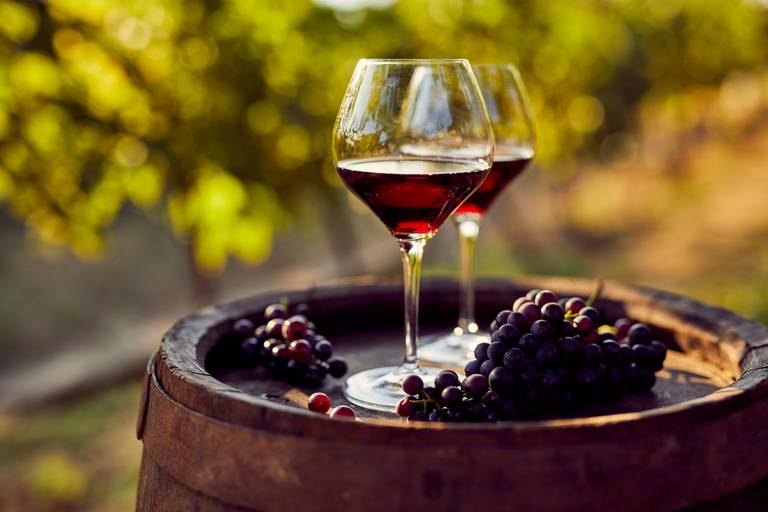 Zwei Gläser Rotwein auf einem Holzfass mit Trauben, vor unscharfem Weinberg-Hintergrund