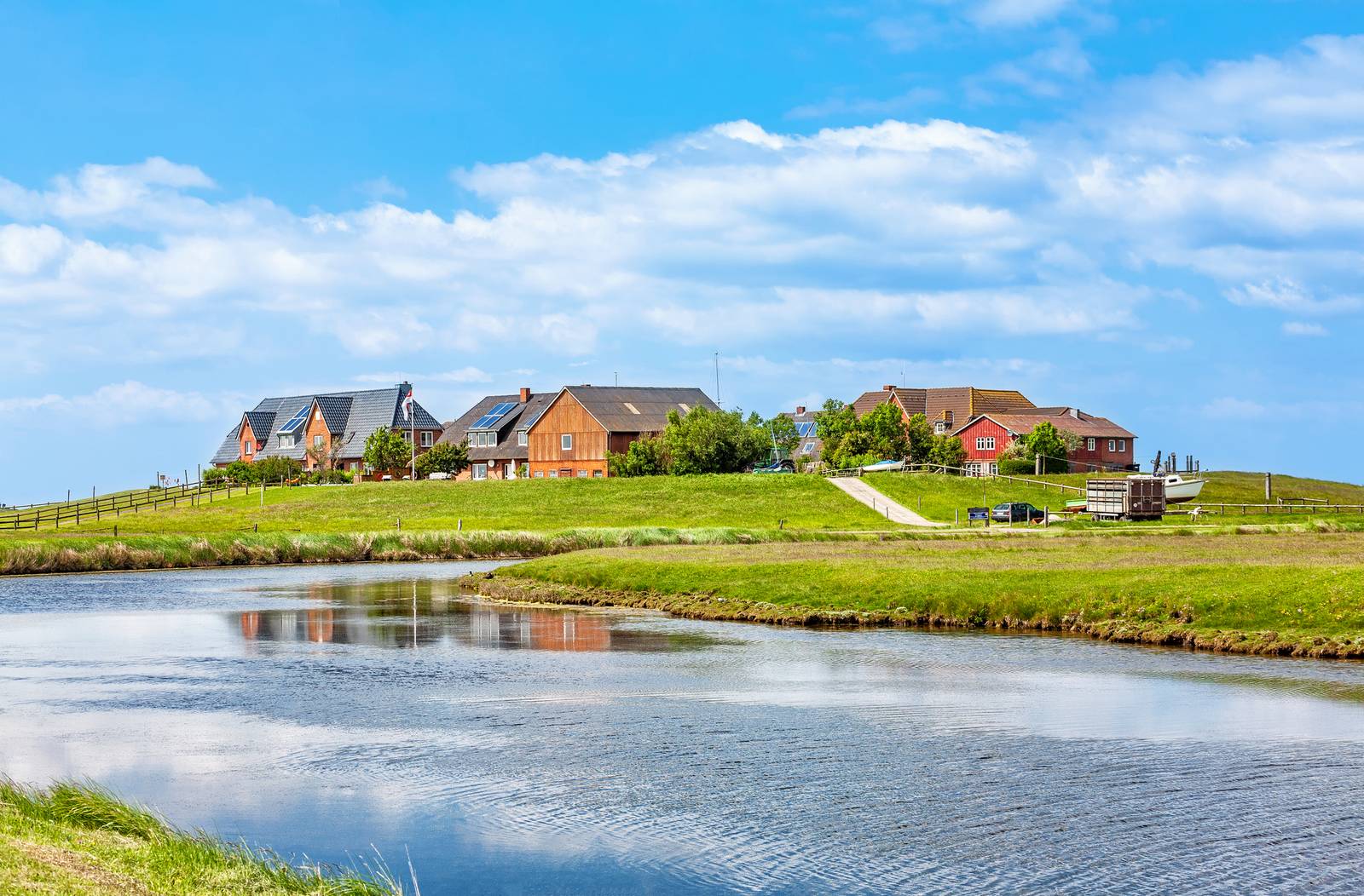 Eine friedliche Landschaft mit einem ruhigen Teich im Vordergrund und mehreren Häusern auf einem grasbewachsenen Hügel unter blauem Himmel mit vereinzelten Wolken.