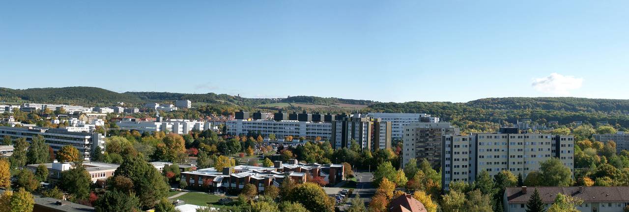 Panoramablick auf eine Stadtlandschaft mit mittelhohen Gebäuden, umgeben von üppigem Grün und Hügeln unter klarem blauem Himmel
