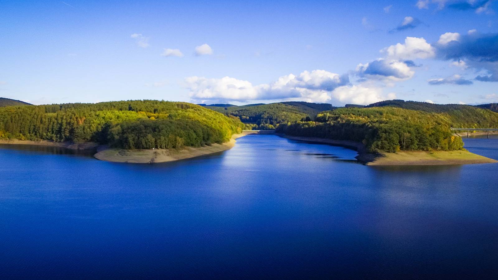 Luftaufnahme eines ruhigen Sees, umgeben von üppig grünen Wäldern, unter einem klaren blauen Himmel mit vereinzelten Wolken.