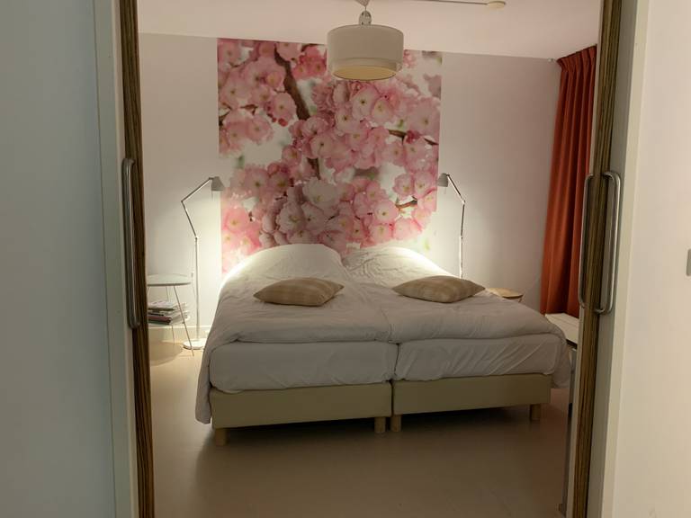 Bedroom with two beds, floral pink wallpaper, two lamps, red curtains, beige bedding, and a ceiling light, creating a cozy atmosphere.