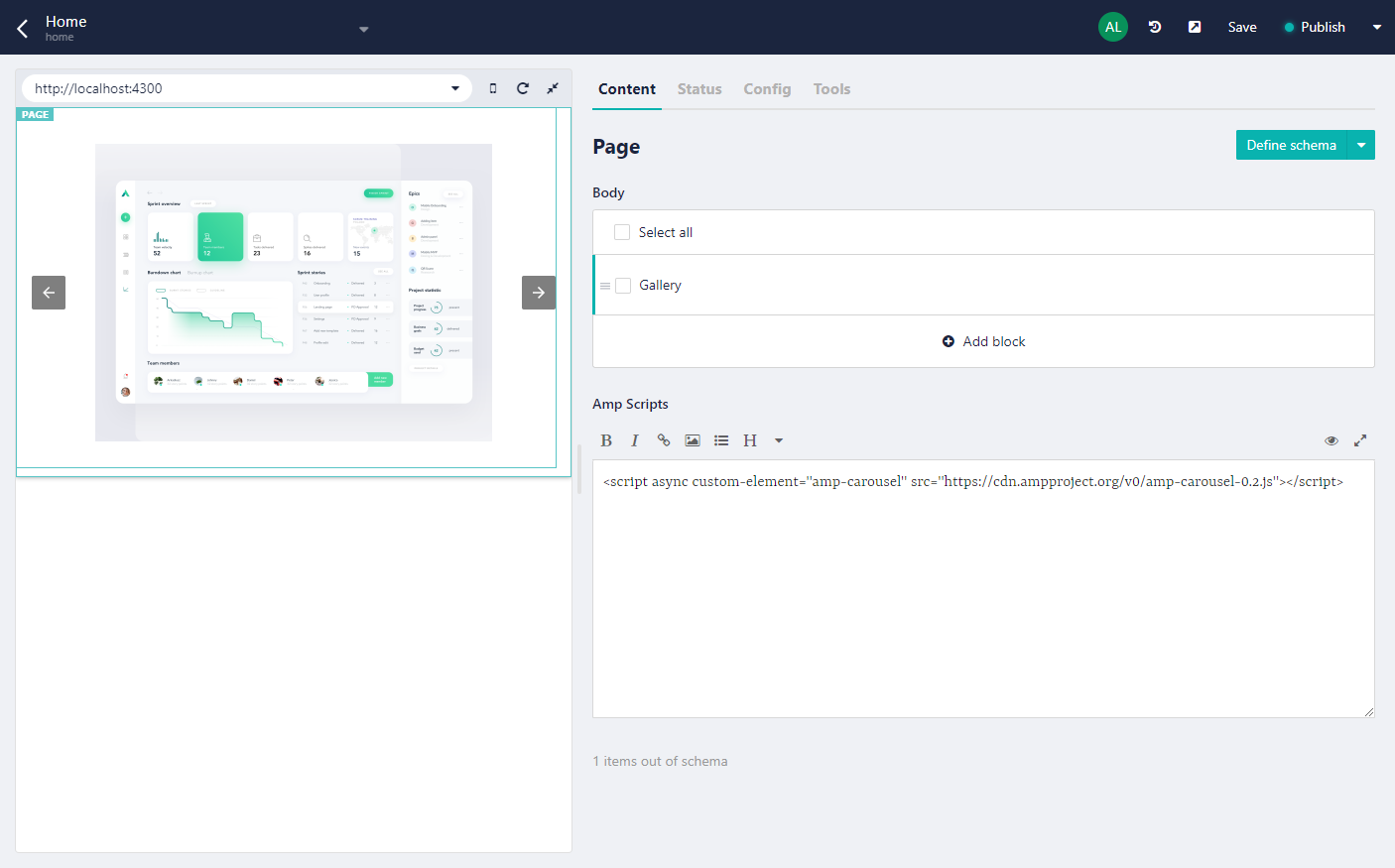 AMP Carousel previewed in Storyblok Visual Editor Preview