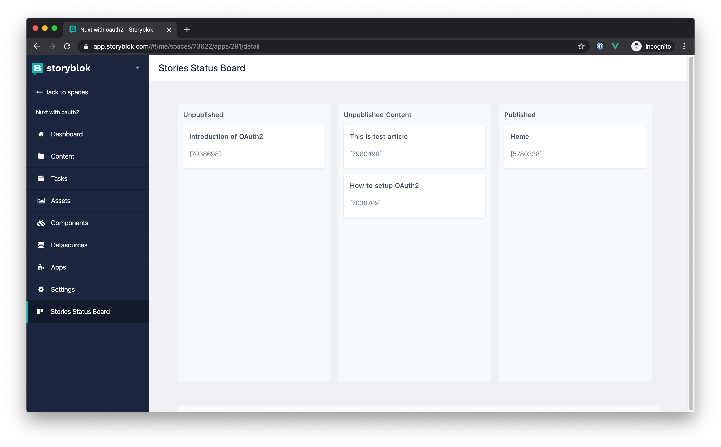 Stories Board created with Nuxt.js for Storyblok