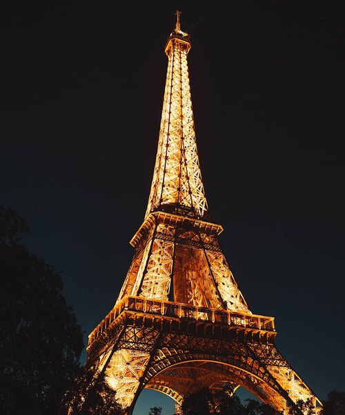 The Eiffel Tower brightly lit up at nighttime with shadows of trees at the bottom of the tower