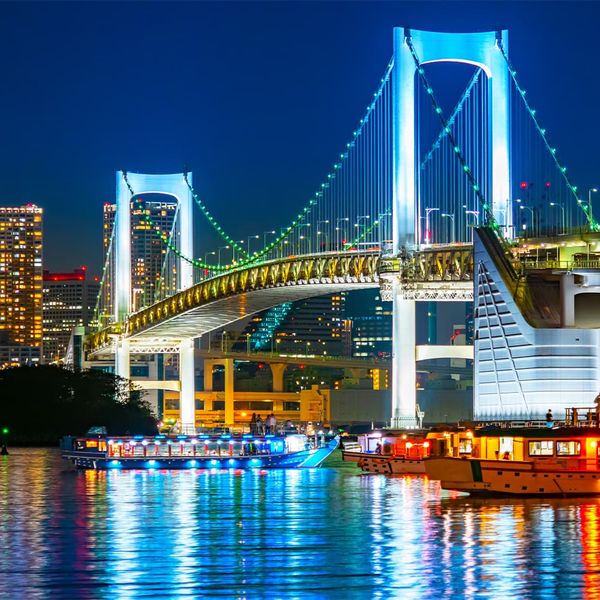 A large bridge lit up with many colors at night